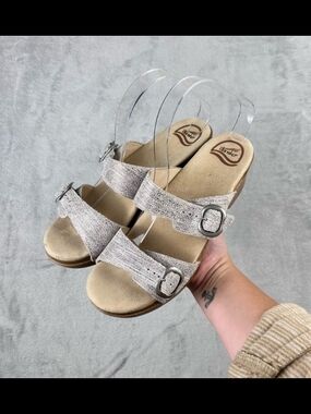 Dansko Ivory Metallic Double Buckle Slide Sandals